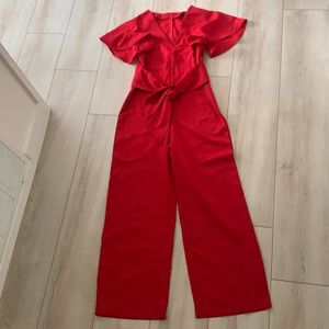 Red Wide leg Jumper with Tie front and flutter sleeves